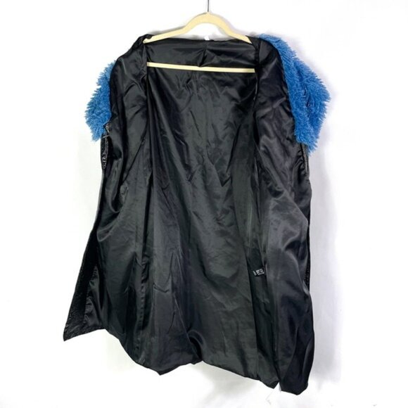 Love Whit Whitney Port Sherpa Collar Coat Black Faux Leather Blue Fur Trim Sz M - Picture 12 of 12